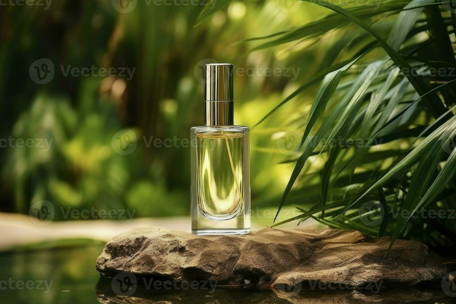AI generated White bottle with beauty products among green leaves. Natural organic skin care. photo