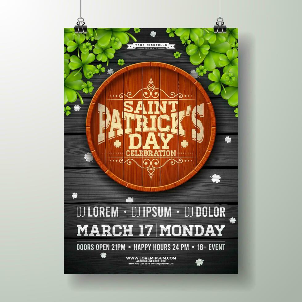 Saint Patricks Day Celebration Party Flyer Illustration with Clover and Typography Letter on Vintage Wood Background. Vector Irish Lucky Holiday Design for Poster, Banner or Invitation.