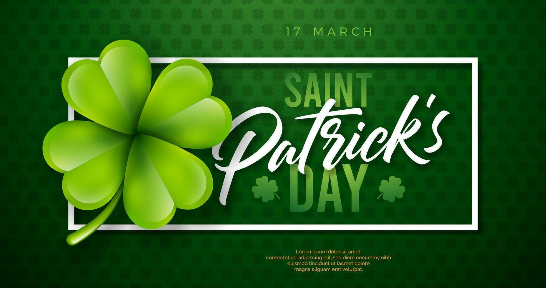 Saint Patrick's Day Design with Clover Leaf on Green Background. Irish Beer Festival Celebration Holiday Illustration with typography and Shamrock for Greeting Card, Party Invitation or Banner. vector