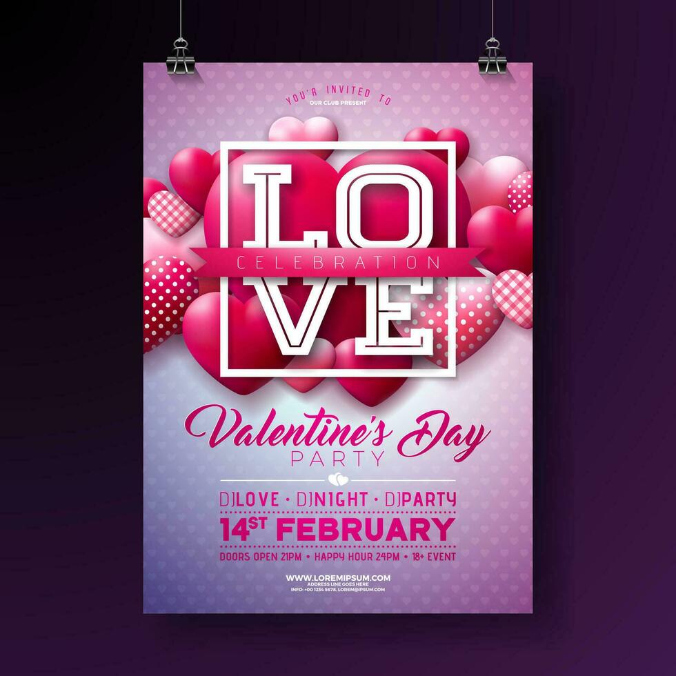Vector Valentines Day Party Flyer Design with Love Letter, Red and White Pattern Heart on Violet Pink Background. Vector Saint Valentine Day Romantic Love Celebration Design for Flyer, Greeting Card