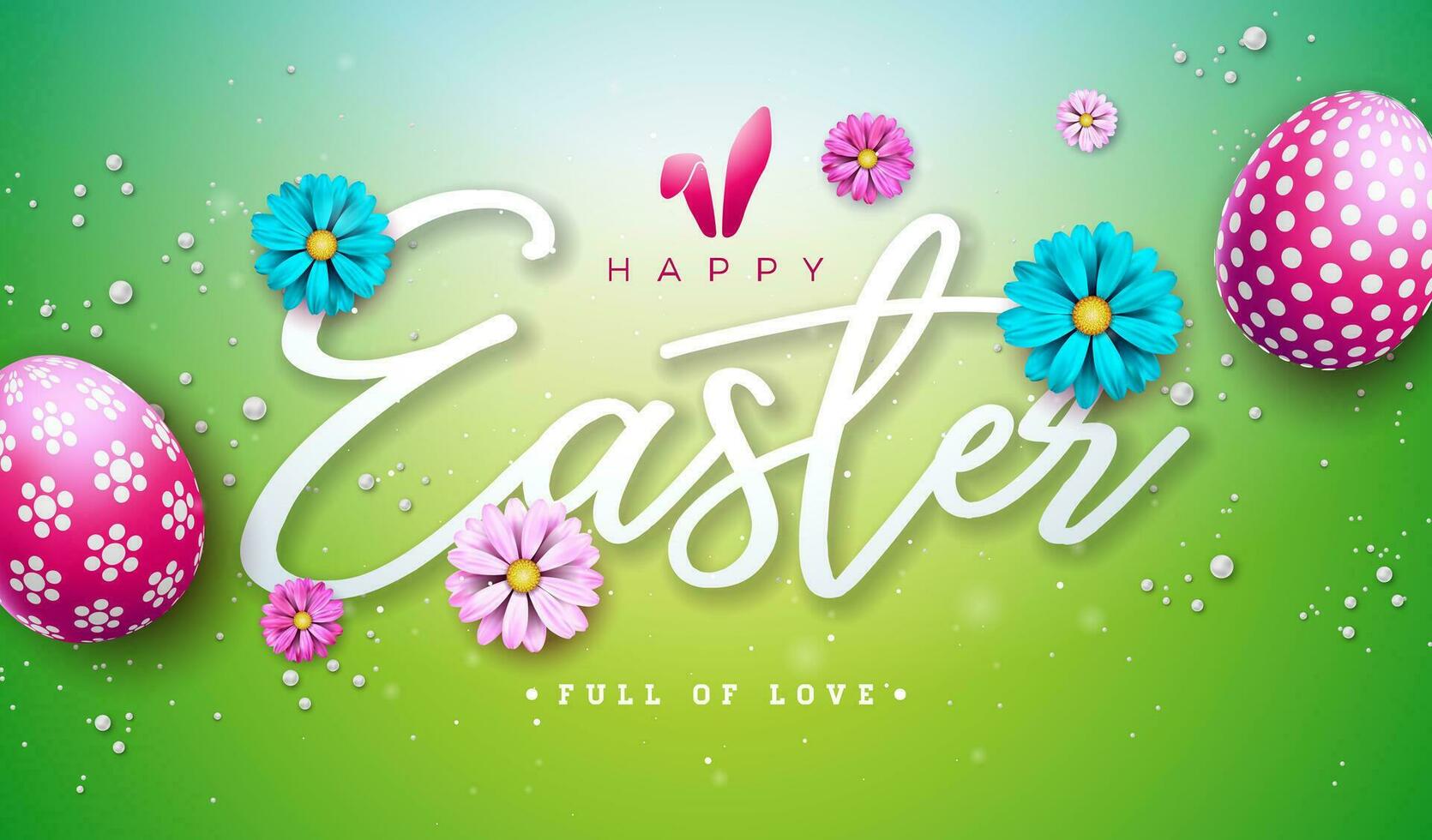 Happy Easter Illustration with Colorful Painted Egg and Spring Flower on Green Background. International Holiday Celebration Vector Design Template for Greeting Card, Party Invitation or Promo Banner.