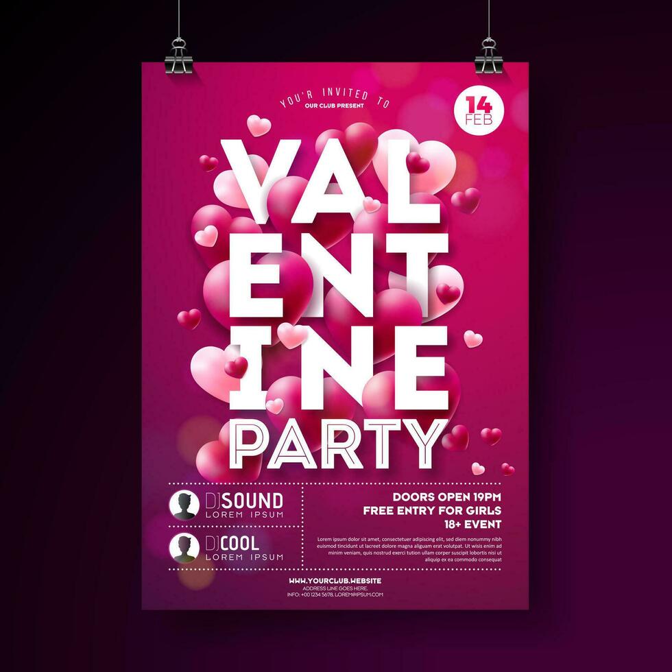 Vector Valentines Day Party Flyer Design with Typography and Balloon Heart on Pink Background. Love Celebration Poster Template for Invitation or Greeting Card.