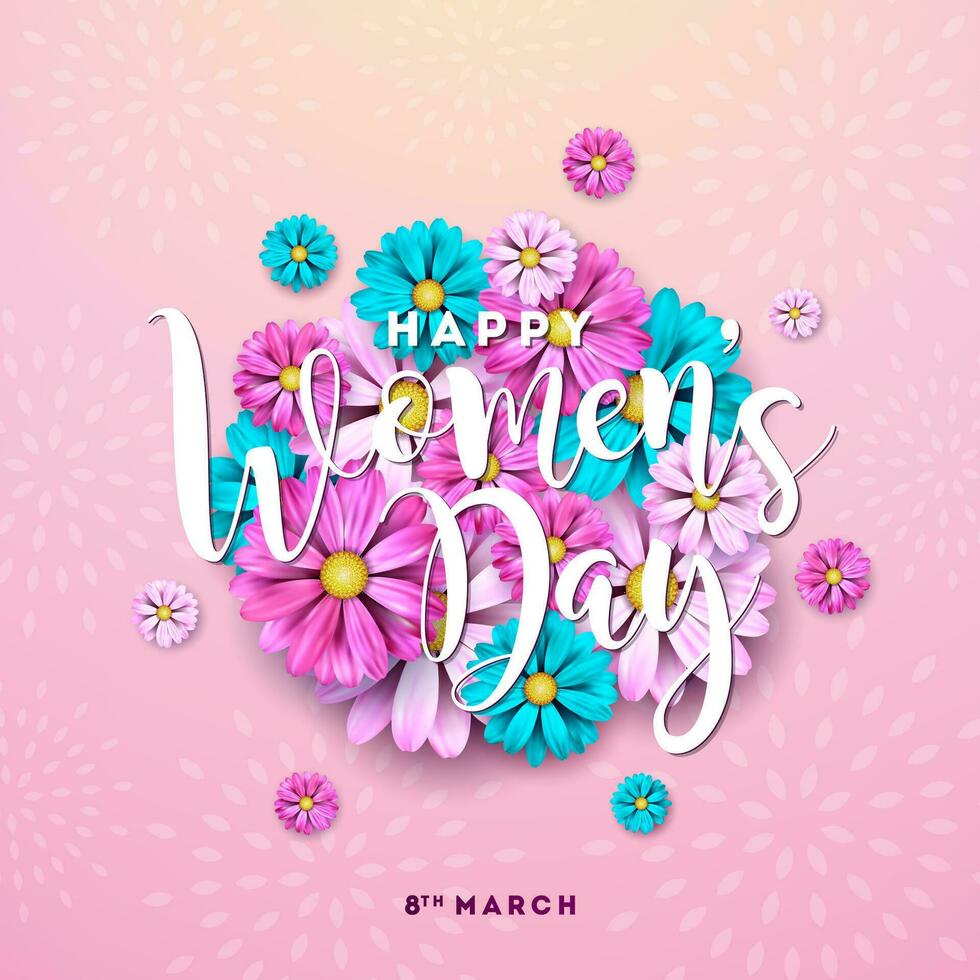 8 March. Happy Womens Day Floral Greeting card. International Holiday Illustration with Flower Design on Pink Background. Vector Spring Template.