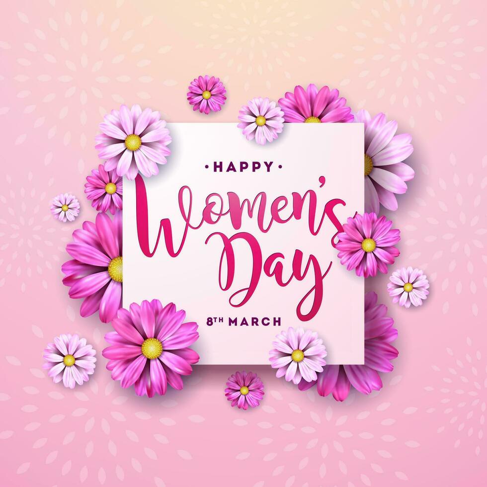 8 marzo. contento De las mujeres día floral saludo tarjeta. internacional fiesta ilustración con flor diseño en rosado antecedentes. vector primavera modelo.