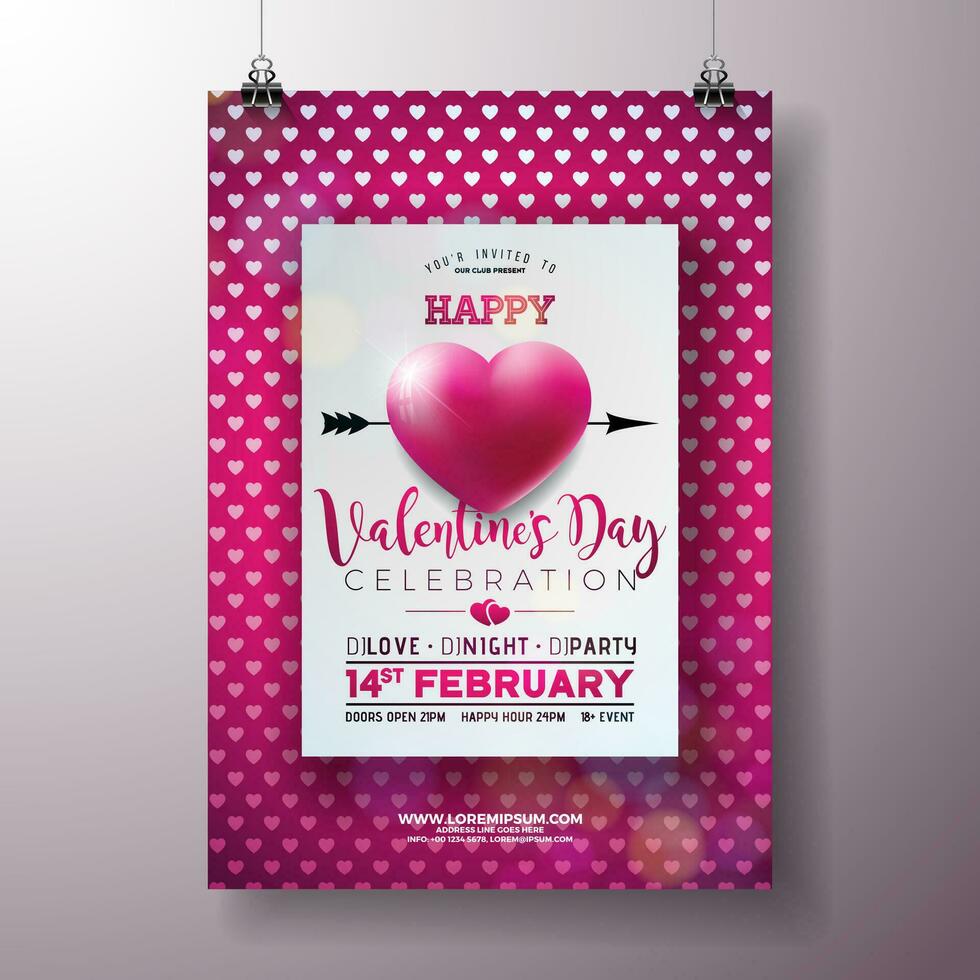 Vector Valentines Day Party Flyer Design with Typography and Heart on Red Pattern Background. Vector Saint Valentine Day Romantic Love Celebration Design for Flyer, Greeting Card, Banner, Holiday