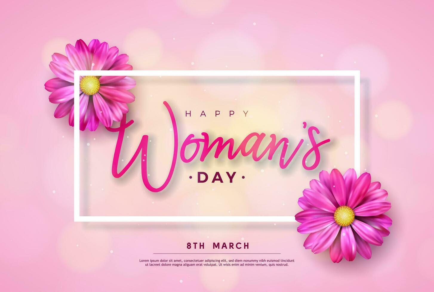 8 March. Happy Womens Day Floral Greeting card. International Holiday Illustration with Flower Design on Pink Background. Vector Spring Template.