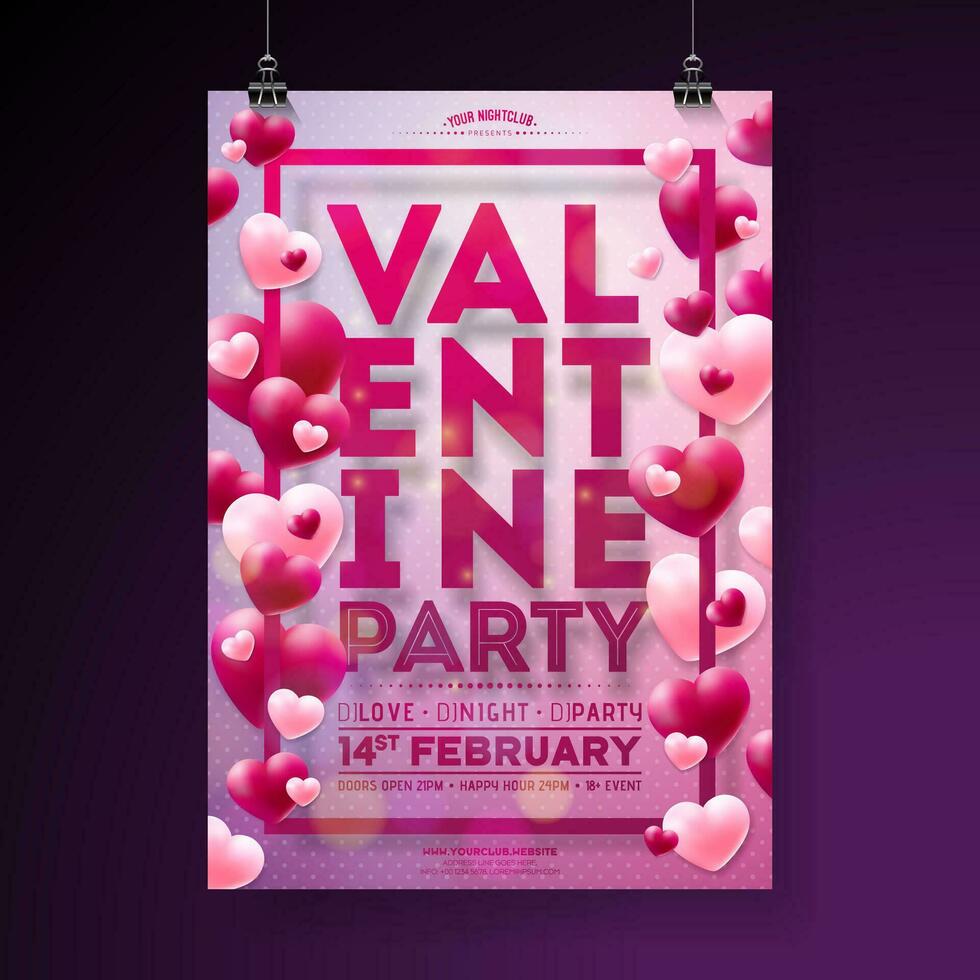 Vector Valentines Day Party Flyer Design with Typography and Balloon Heart on Pink Background. Love Celebration Poster Template for Invitation or Greeting Card.