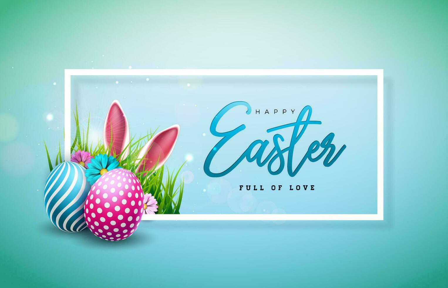 Happy Easter Illustration with Colorful Painted Egg and Rabbit Ears on Light Blue Background. Holiday Celebration Vector Design with Flower for Greeting Card, Party Invitation or Promo Banner.