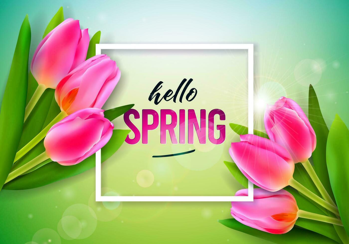 Vector Illustration on a Spring Nature Theme with Beautiful Tulip Flower on Green Background. Floral Design Template with Typography Letter for Banner, Flyer, Invitation, Poster or Greeting Card.