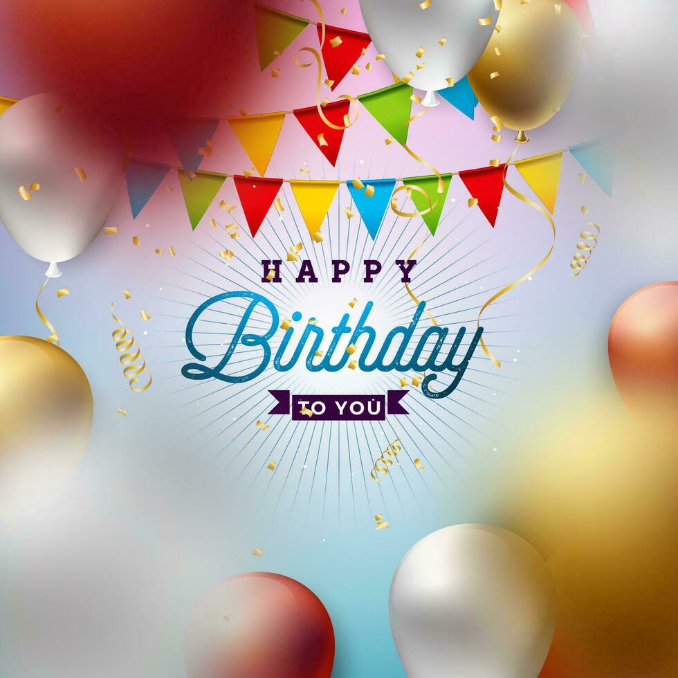 Happy Birthday Vector Design with Balloon, Typography and Falling Confetti on White Background. Illustration for birthday celebration. greeting cards or party poster.