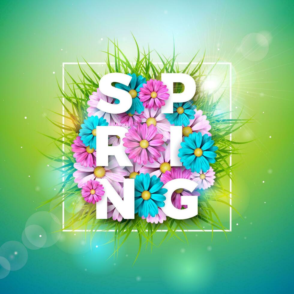 Vector Illustration on a Spring Nature Theme with Beautiful Colorful Flower on Green Background. Floral Design Template with Typography Letter for Banner, Flyer, Invitation, Poster or Greeting Card.