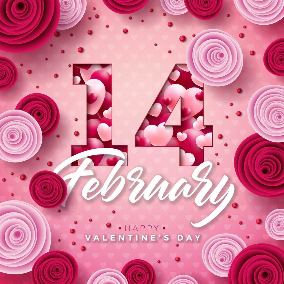Happy Valentines Day Design with Rose Flower, Heart and 14 February Typography Letter on Light Pink Background. Vector Love, Wedding and Romantic Valentine Theme Illustration for Flyer, Greeting Card