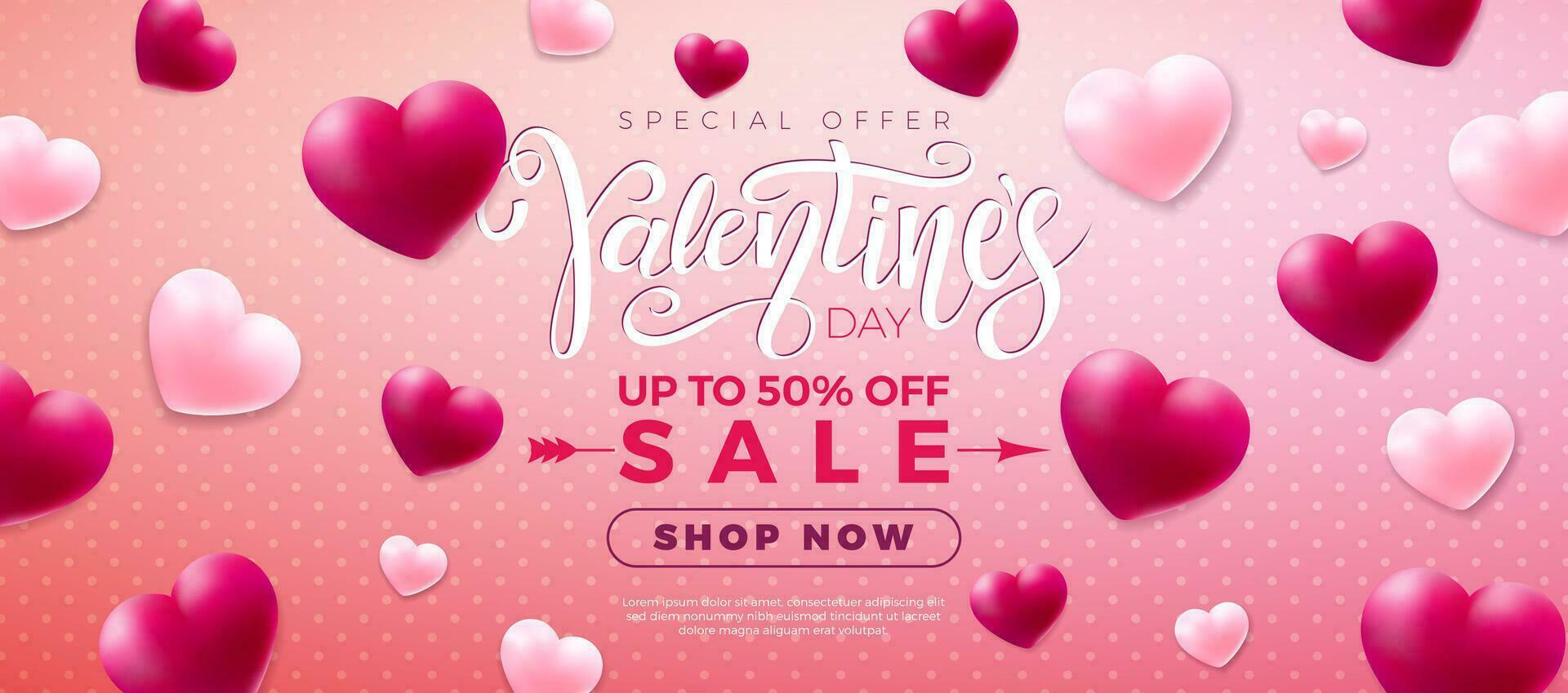 Valentines day sale design with red and white heart on pink background. Vector special offer illustration for coupon, banner, voucher or promotional poster.