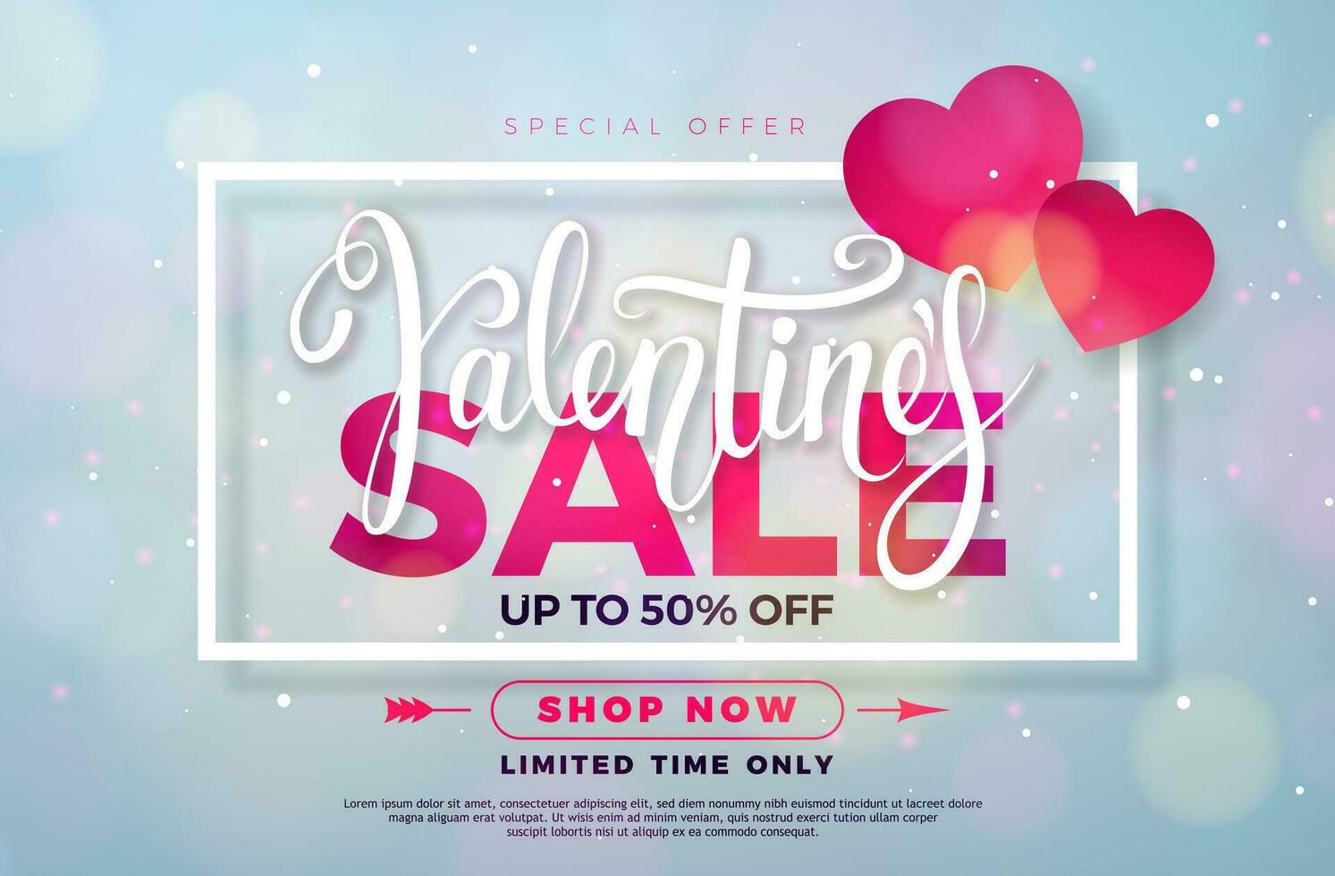 Valentines Day Sale Design with Red Heart on Shiny Light Blue Background. Vector Special Offer Illustration for Coupon, Banner, Voucher or Promotional Poster.