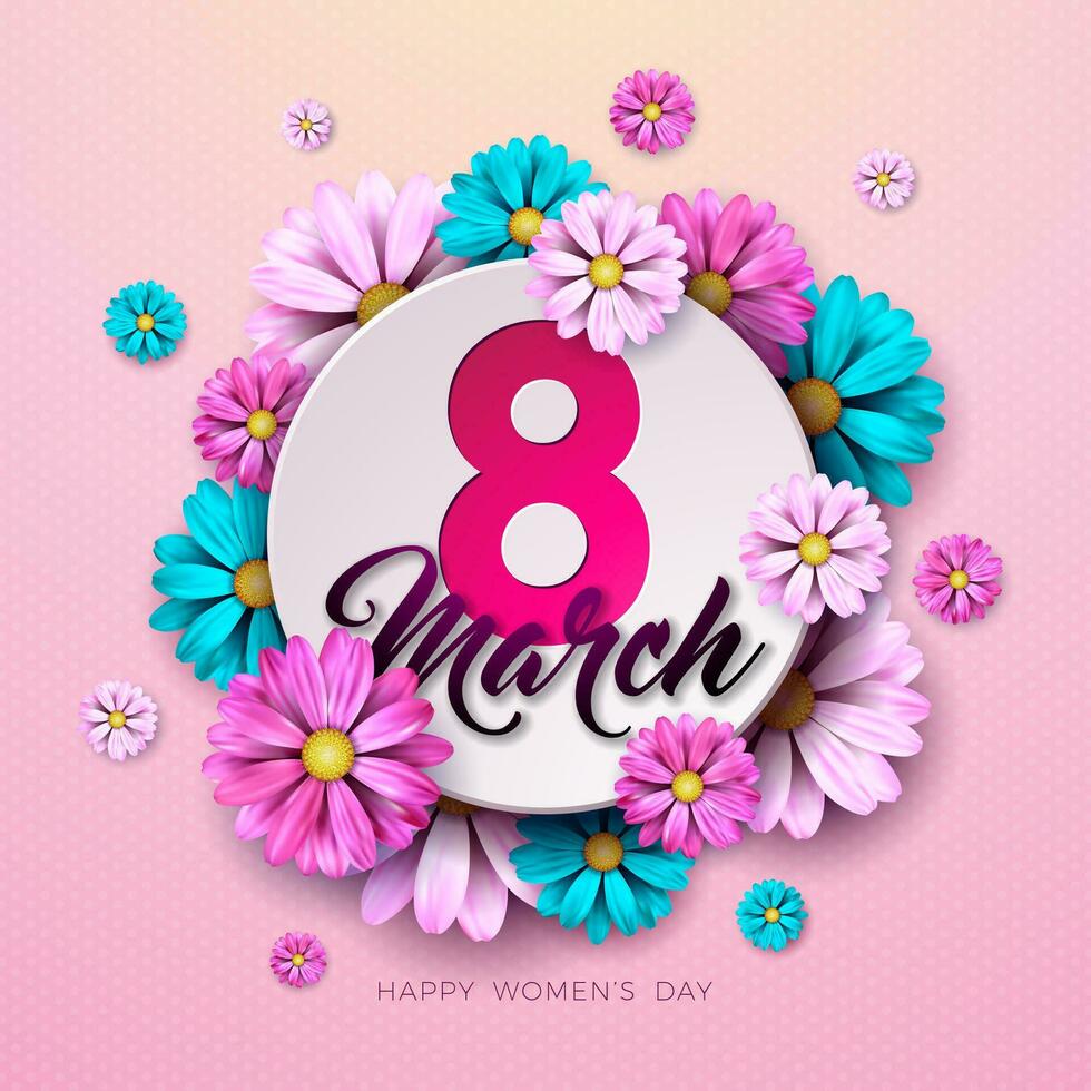 8 marzo. contento De las mujeres día floral saludo tarjeta. internacional fiesta ilustración con flor diseño en rosado antecedentes. vector primavera modelo.