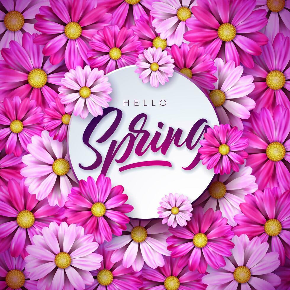 Vector Illustration on a Spring Nature Theme with Typography Letter on Colorful Flower Background. Floral Design Template with for Banner, Flyer, Invitation, Poster or Greeting Card.