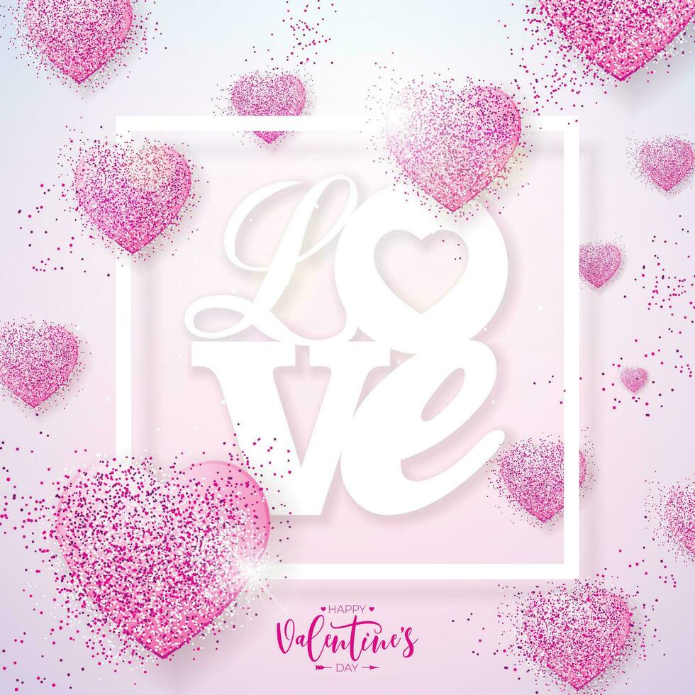 Happy Valentines Day Design with Glittered Heart and Love Typography Letter on Light Pink Background. Vector Wedding and Romantic Valentine Theme Illustration for Flyer, Greeting Card, Banner, Holiday