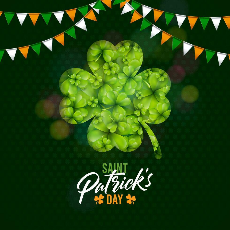 Saint Patricks Day Design with Shamrock and Flag on Green Clover Pattern Background. Irish Beer Festival Celebration Holiday Illustration for Greeting Card, Party Invitation or Promo Banner. vector