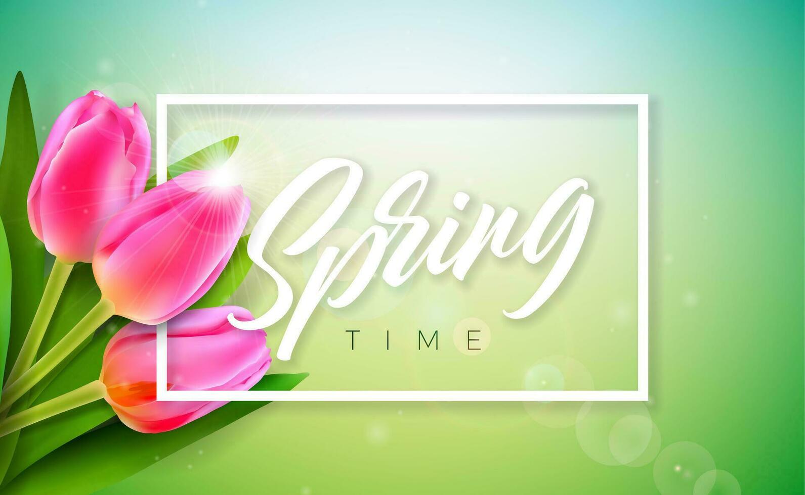 Vector Illustration on a Spring Nature Theme with Beautiful Tulip Flower on Green Background. Floral Design Template with Typography Letter for Banner, Flyer, Invitation, Poster or Greeting Card.