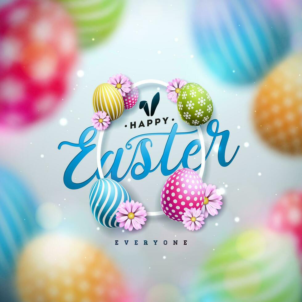 Happy Easter Illustration with Colorful Painted Egg and Spring Flower on Blue Background. International Holiday Celebration Vector Design Template for Greeting Card, Party Invitation or Promo Banner.