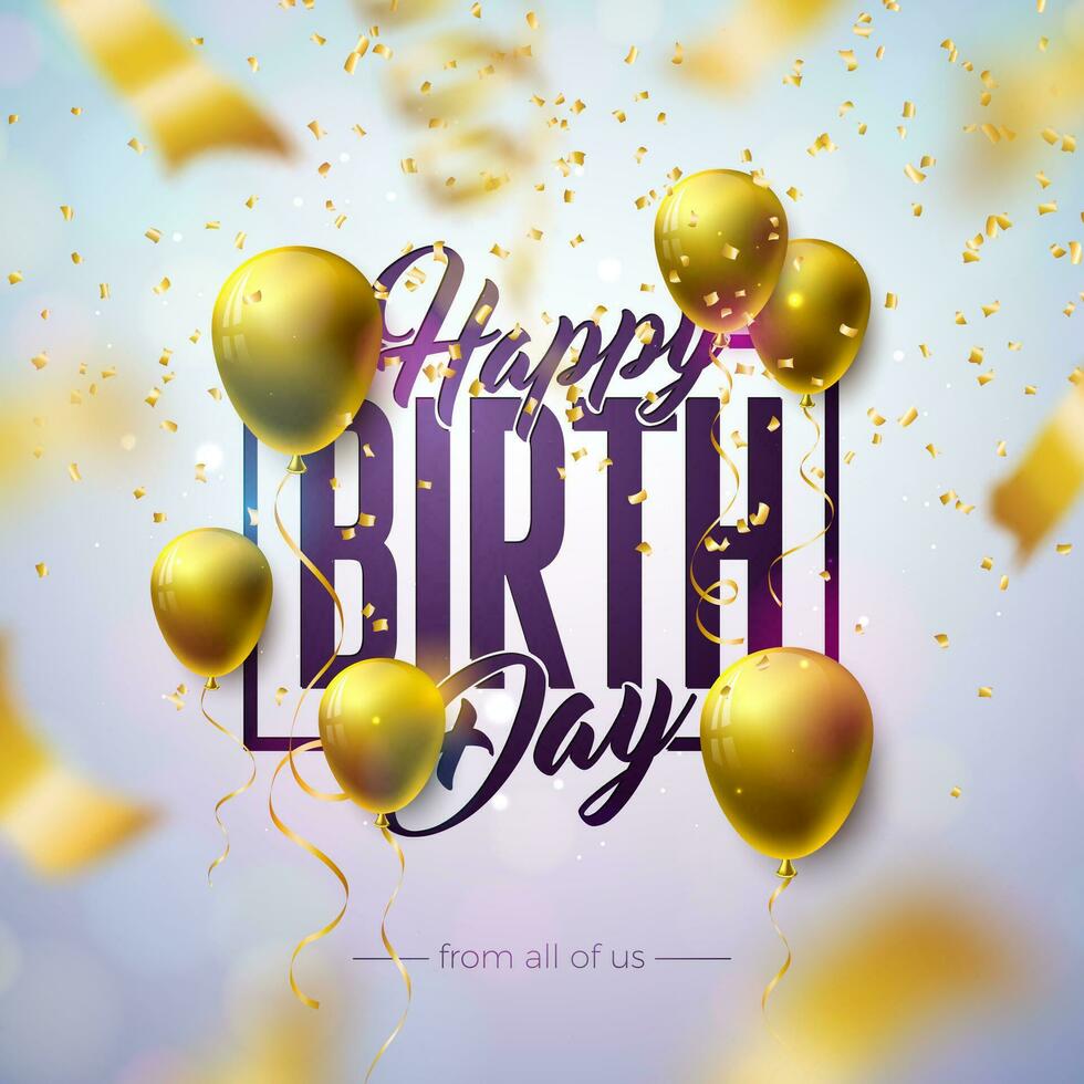 contento cumpleaños diseño con globo, tipografía letra y que cae papel picado en ligero antecedentes. vector ilustración modelo para cumpleaños aniversario celebracion. saludo tarjetas o fiesta póster.