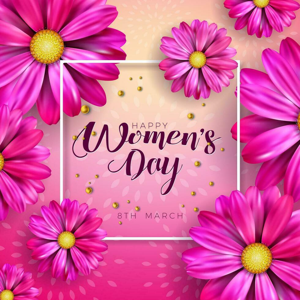 8 March. Women's Day Celebration Design with Flower and Typography Letter on Pink Background. Vector International Holiday Illustration Template for Banner, Flyer, Invitation, Poster or Greeting Card.