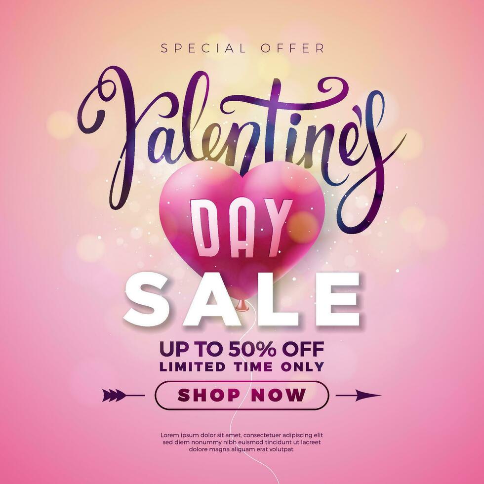 Valentines day sale design with red heart balloon on pink background. Vector special offer illustration for coupon, banner, voucher or promotional poster.