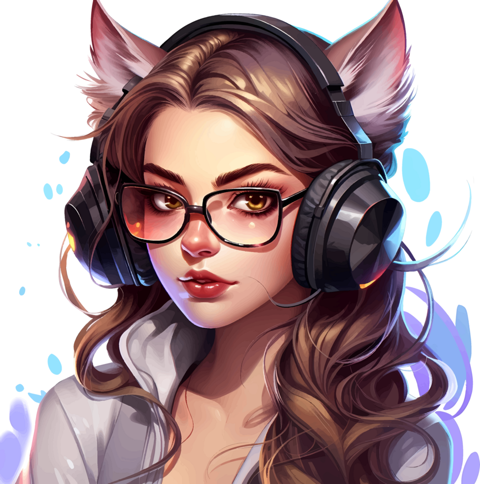 AI generated A beautiful gamer girl in glasses with a cat ear headset, isolated clipart on a transparent background png