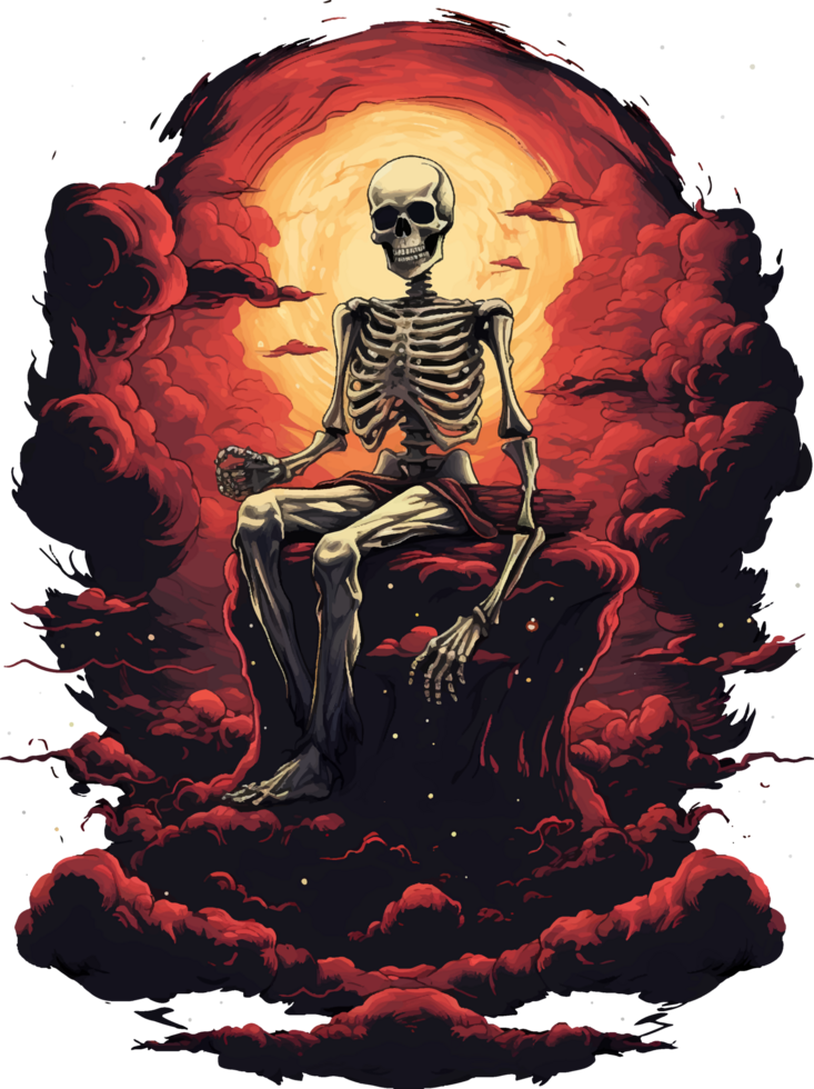 AI generated T-shirt design. Skeleton sitting on a cloud on a transparent background png
