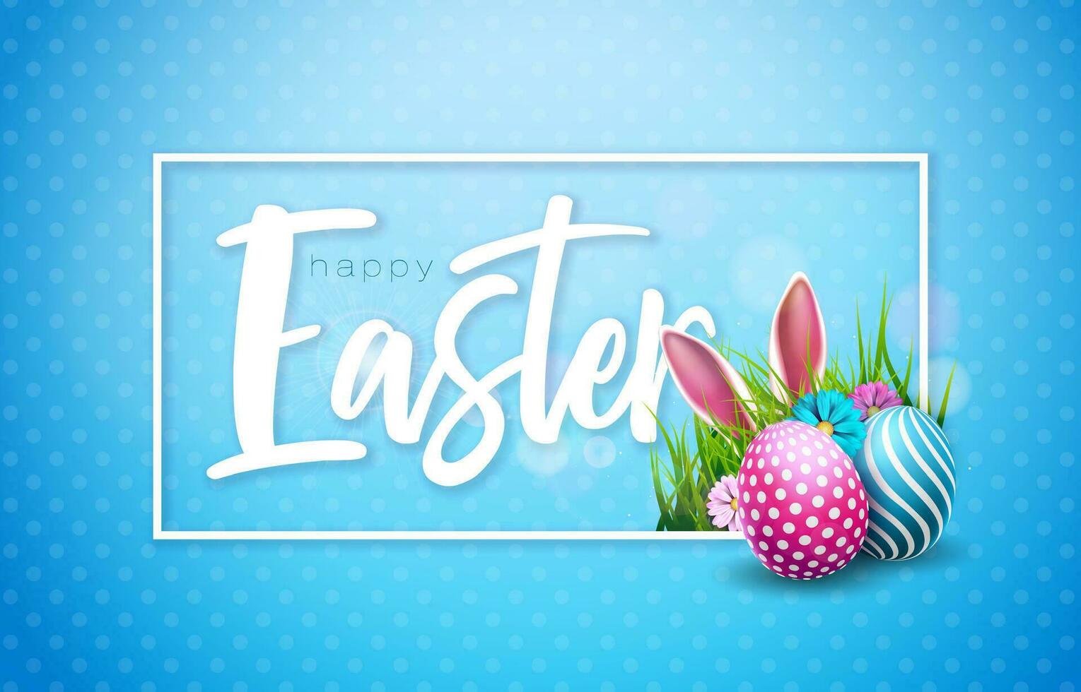 Vector Illustration of Happy Easter Holiday with Colorful Painted Egg and Rabbit Ears on Blue Background. International Celebration Design with Typography for Greeting Card, Party Invitation or Promo