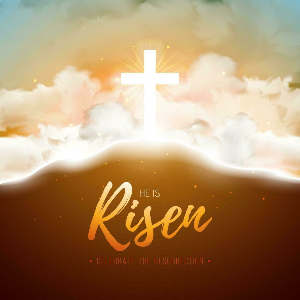 Easter Holiday illustration with heavenly light and cloud on blue sky background. He is risen. Vector Christian religious design for resurrection celebrate theme.