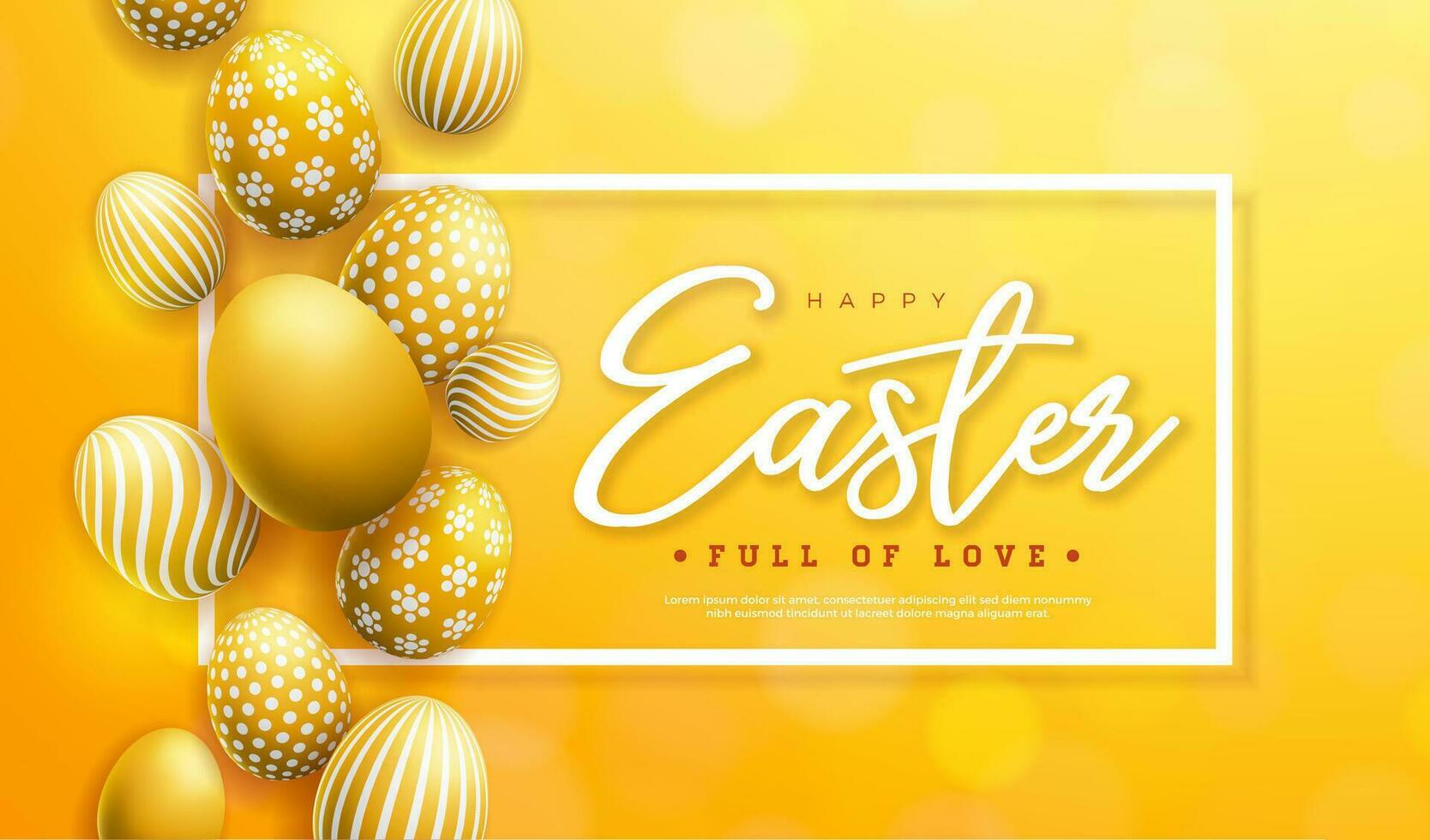 Vector Illustration of Happy Easter Holiday with Painted Egg on Shiny Yellow Background. International Celebration Design with Typography for Greeting Card, Party Invitation or Promo Banner.