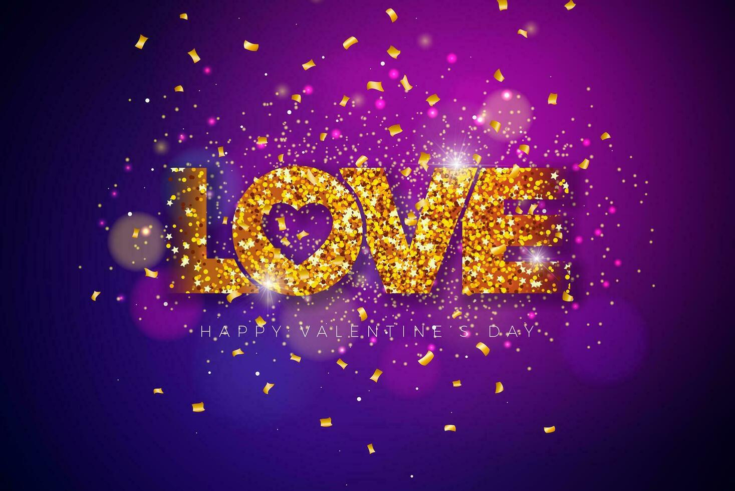 Happy Valentines Day Design with Gold Glittered Love Typography Letter and Falling Confetti on Dark Violet Background. Vector Wedding and Romantic Valentine Theme Illustration for Flyer, Greeting Card