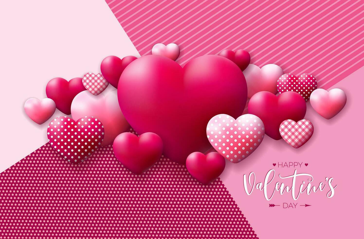 Happy Valentines Day Design with Red and White Pattern Heart and Typography Letter on Abstract Pink Background. Vector Wedding and Romantic Love Valentine Theme Illustration for Flyer, Greeting Card