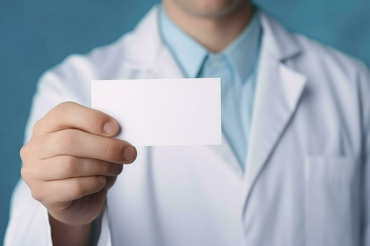 AI generated Man doctor hand holds empty white card with mockup photo