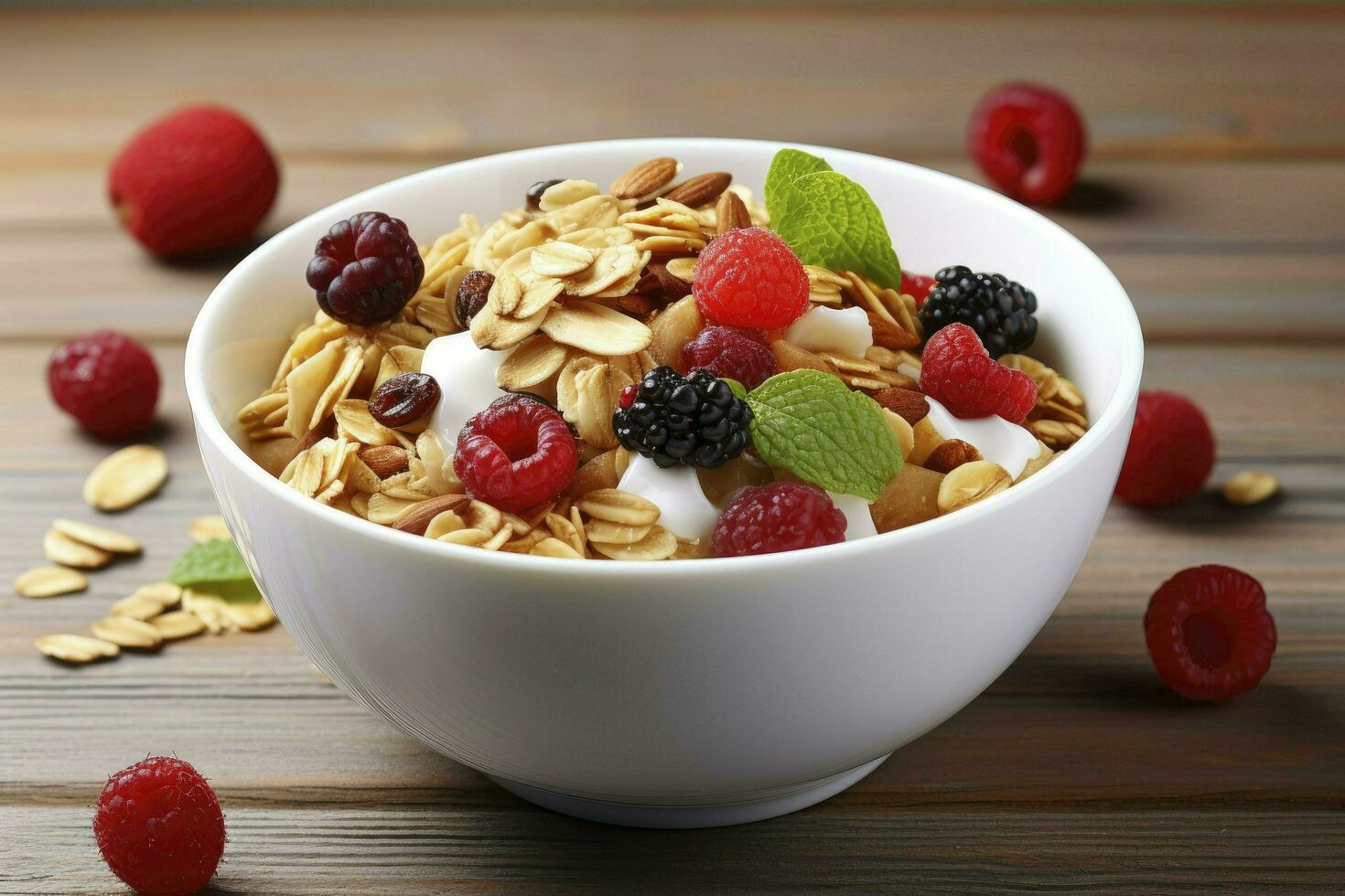 AI generated bowl of oat granola with yogurt, fresh raspberries, blueberries, strawberries, blackberries and nuts on wooden board photo