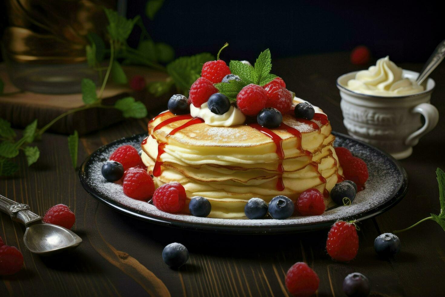 classic american pancakes with berries and maple syrup for breakfast photo