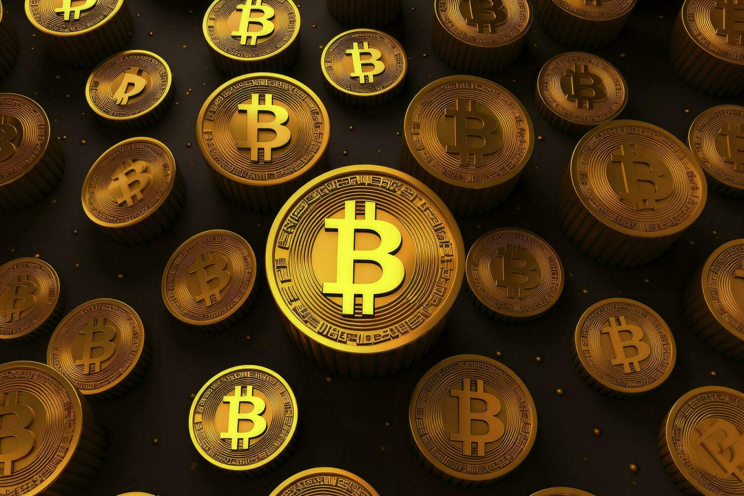 AI generated pattern of golden Bitcoin symbol, round coin as cryptocurrency, digital money, photo