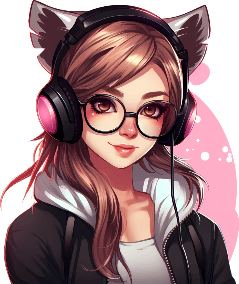 AI generated A beautiful gamer girl in glasses with a cat ear headset, isolated clipart on a transparent background png