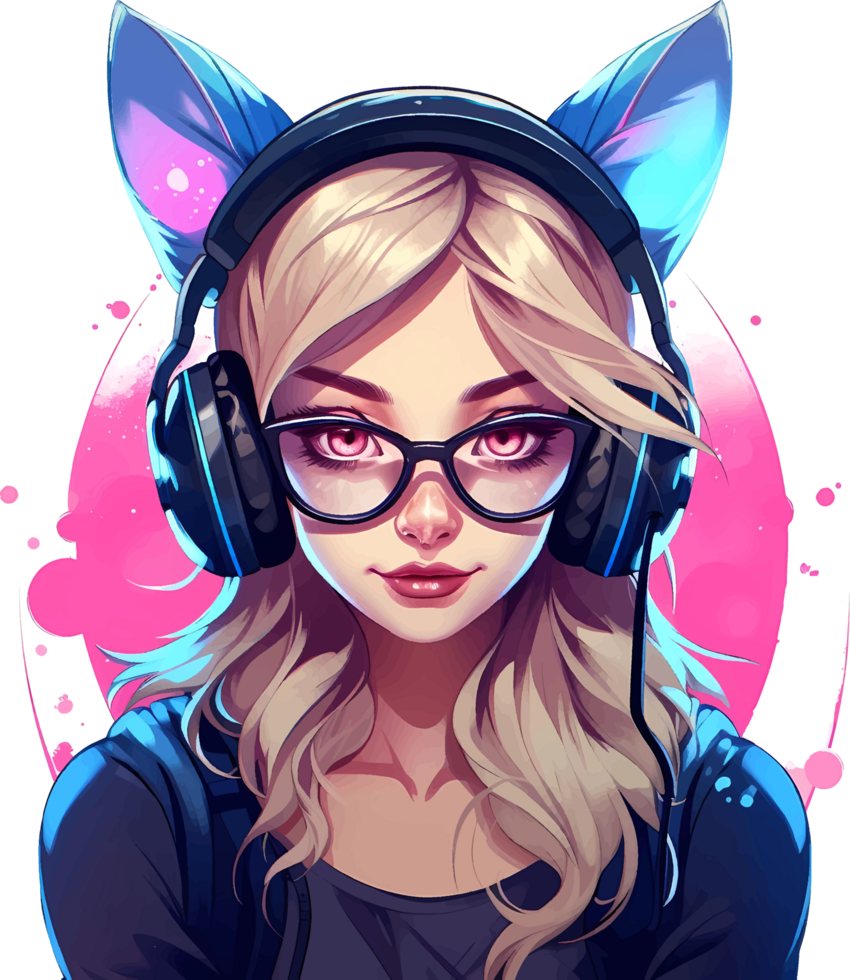 ai generado un hermosa jugador niña en lentes con un gato oído auriculares, aislado clipart en un transparente antecedentes png