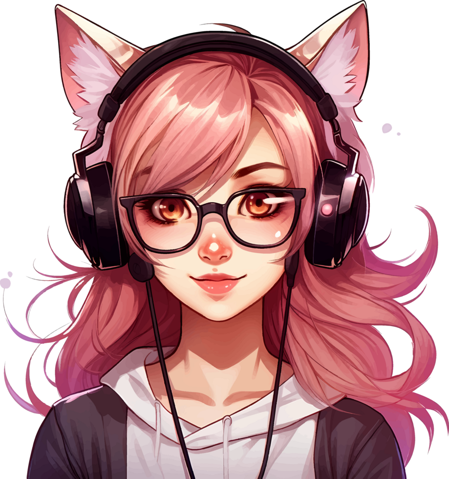 AI generated A beautiful gamer girl in glasses with a cat ear headset, isolated clipart on a transparent background png