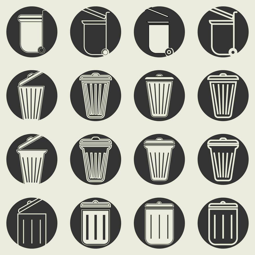 basura lata íconos colocar. vector ilustración. negro y blanco.