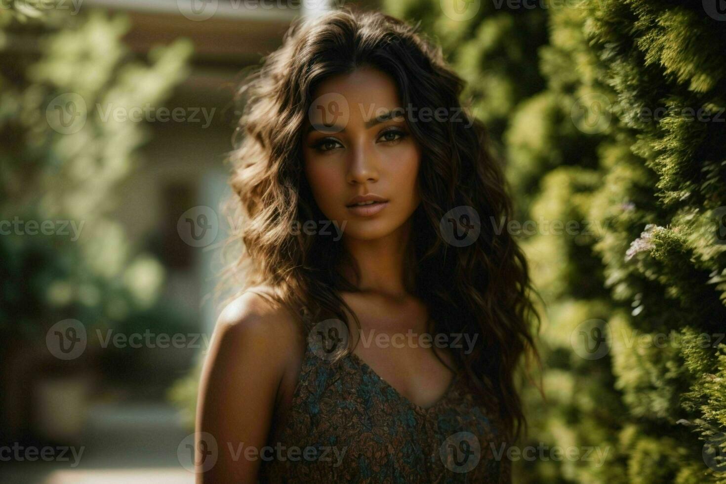 AI generated Stunning beautiful young woman with high contrast shadow and fashionable style photo