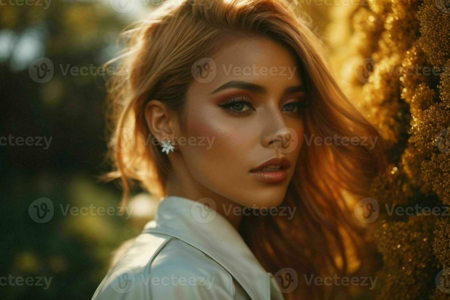 AI generated Stunning beautiful young woman with high contrast shadow and fashionable style photo