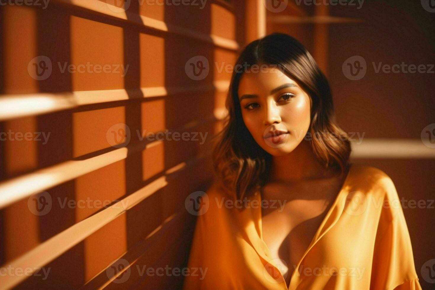 AI generated Stunning beautiful young woman with high contrast shadow and fashionable style photo