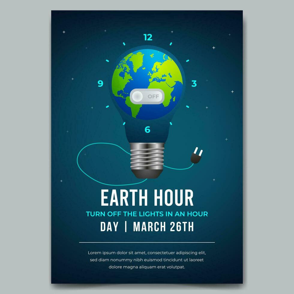 Earth Hour Day March 26th flyer with light bulb and time globe illustration vector