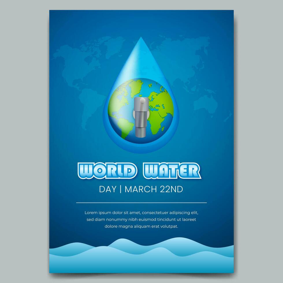 mundo agua día marzo 22 póster con tierra agua gotas y agua grifo ilustración vector