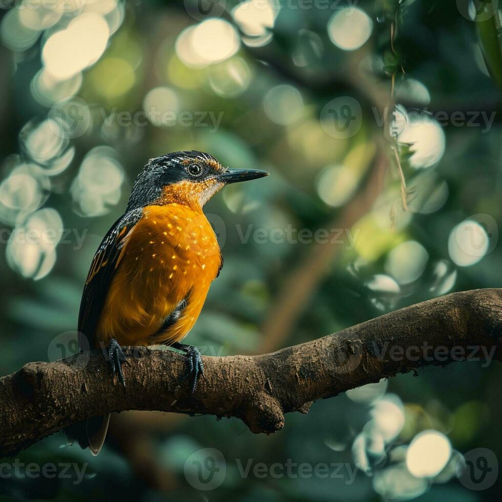 AI generated photograph of a beautiful colorful bird in the Amazon rainforest in Brazil photo