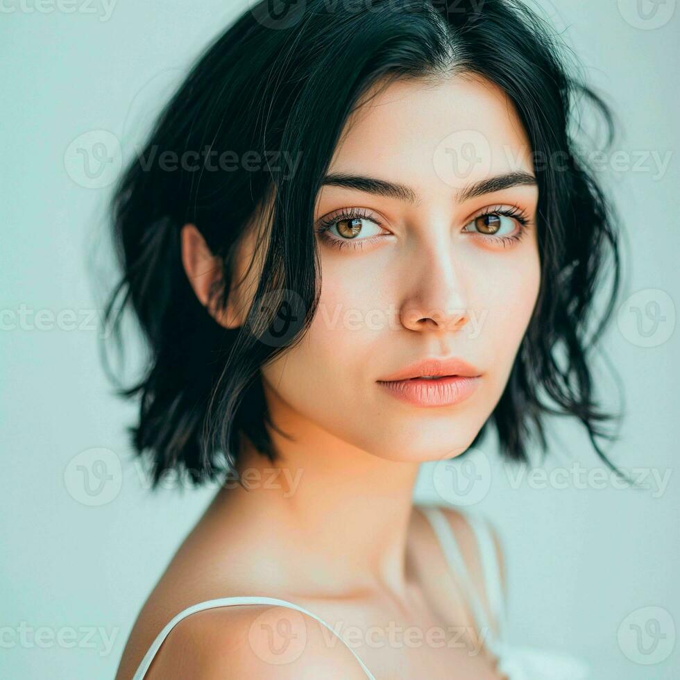 AI generated Photograph of a beautiful blackhaired woman on a white background photo