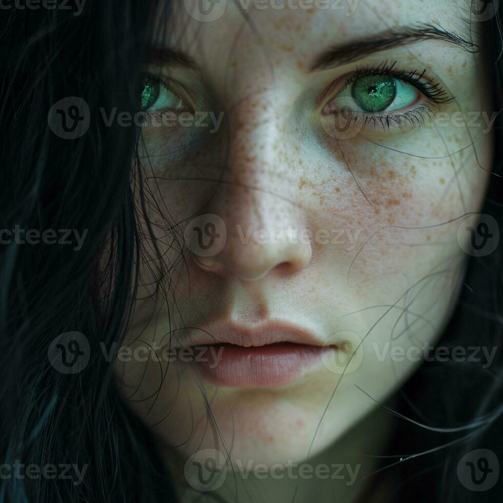 AI generated a beautiful woman with green eyes and black hair in close-up photo